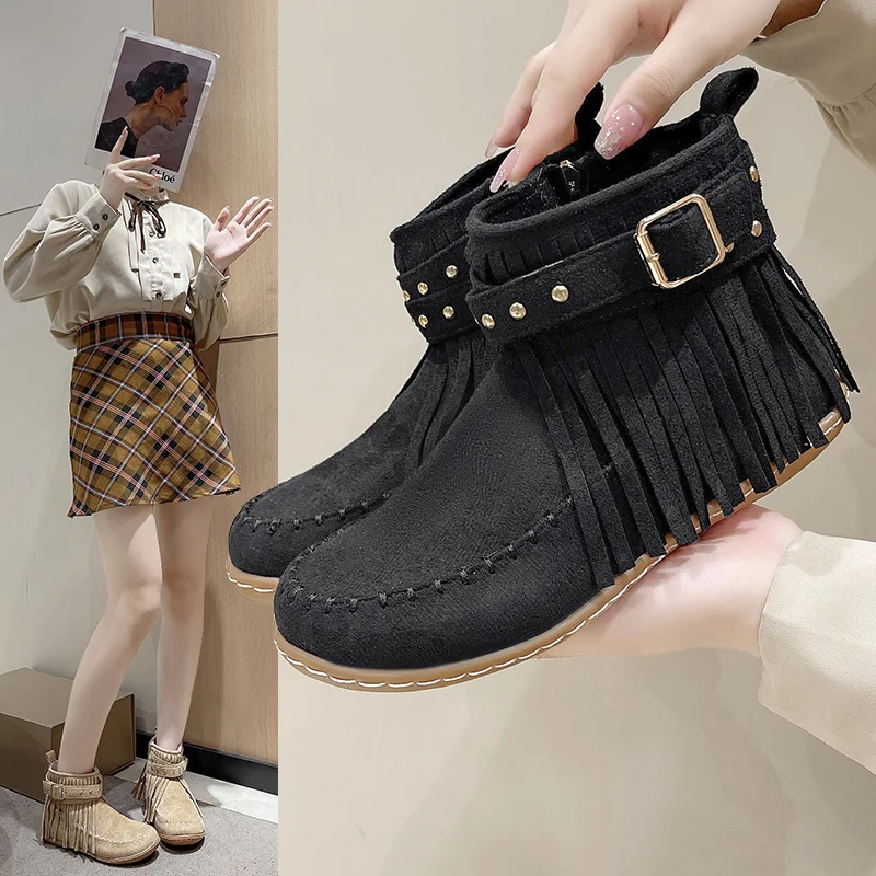 Bohemian Style Tassels Ankle Boots Women Retro Faux Suede Buckle Strap Short Boots Woman Plus Size 43 Flat Heels Western Botas