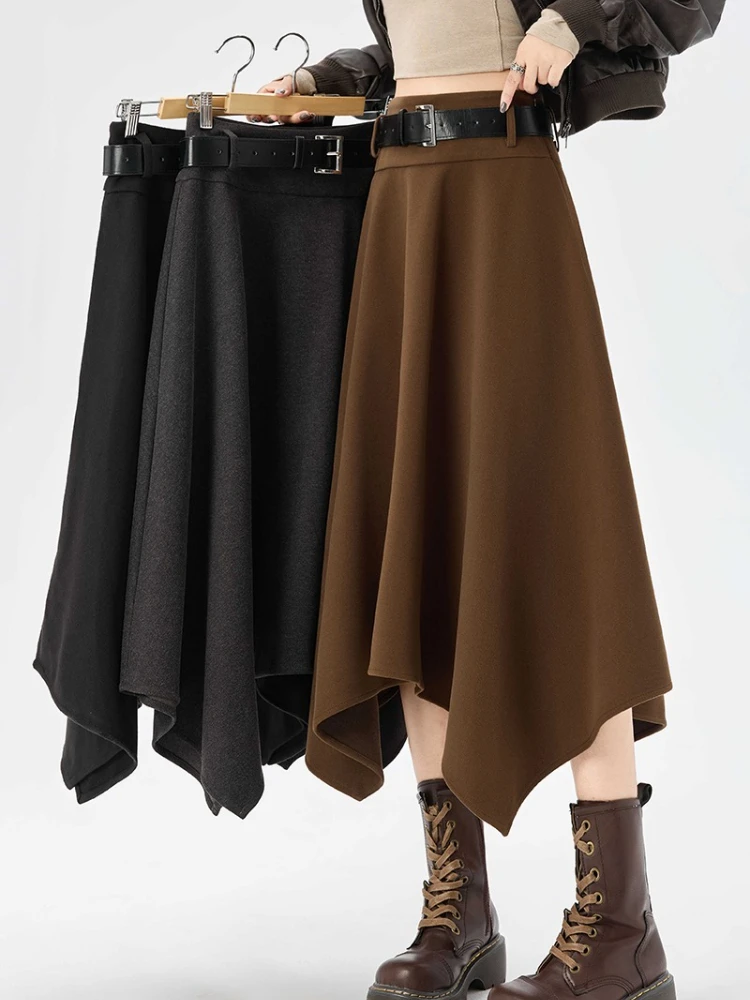

High Quality Irregular Woolen Skirt Women 2025 Autumn Winter New High Waist Slimming Midi Skirt Elegant A-line Faldas with Belt