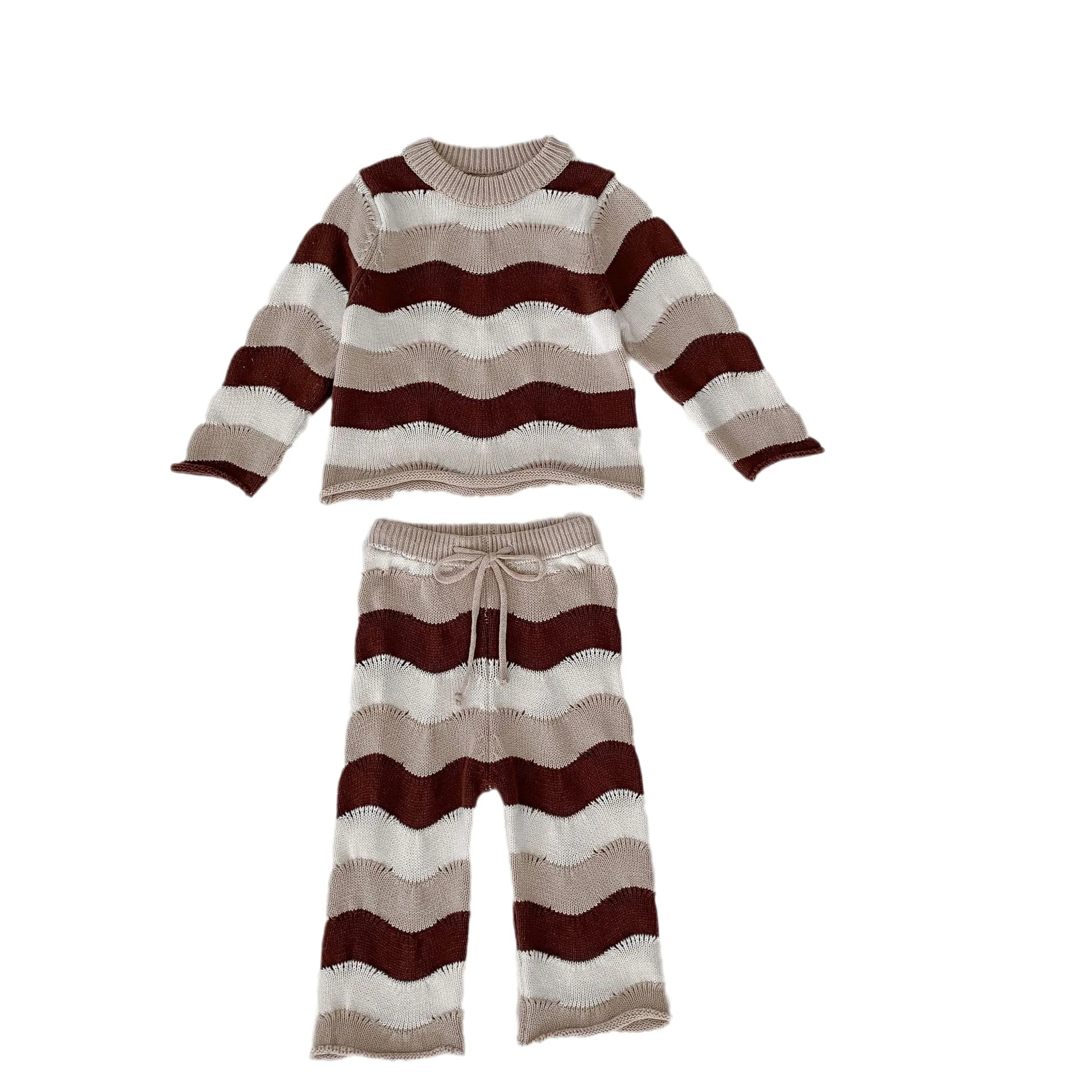 Fall 2024 Baby Girl Baby Wave Color striped knit top + baggy pant suit 66-100cm