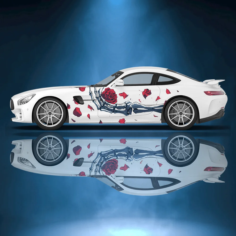 

Череп руки держит красную розу автомобильные виниловые наклейки самоклеящаяся наклейка из ПВХ подходит для грузовиков внедорожник Декор автоаксессуары подарок