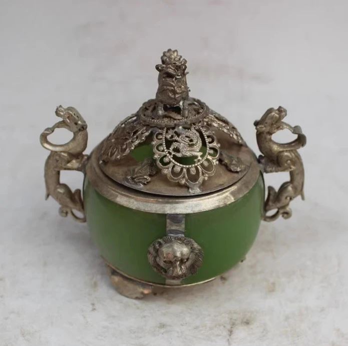 UNIQUE CHINESE SILVER COPPER INLAID JADE DRAGON LION INCENSE BURNER