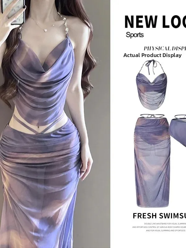 Elegant Lady Style Bikini Set Beach Vacation Three Piece Swimsuit with Chest Pad And Steel Support Sexy Long Skirt