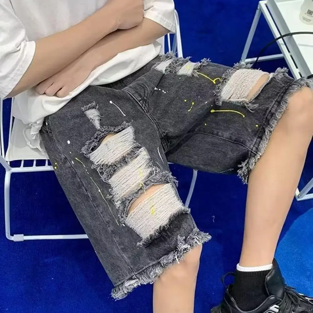 

Denim Shorts with Drawstring Men's Summer Denim Shorts Elastic Drawstring Waistband Pockets Solid Color Wide Leg Ripped Holes