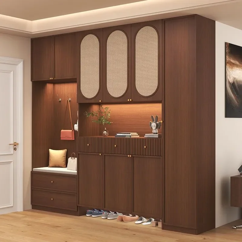Medieval Shoe Cabinet with Stool Entryway Storage Bench Foyer Partition Multi Layer Locker for Household Entrance Porch Fixed