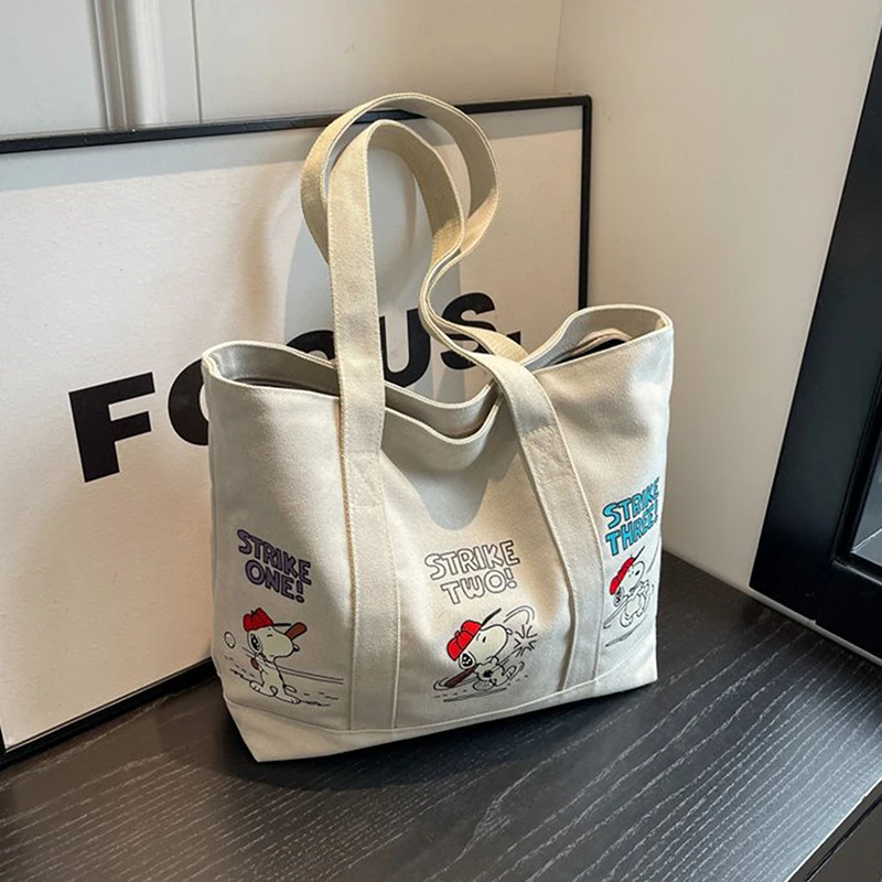 

Kawaii New Series Cartoon Cute Canvas Bag Women Large Capacity Handbag Casual Tote Bag Snoopy Printing Zip Shoulder Bag