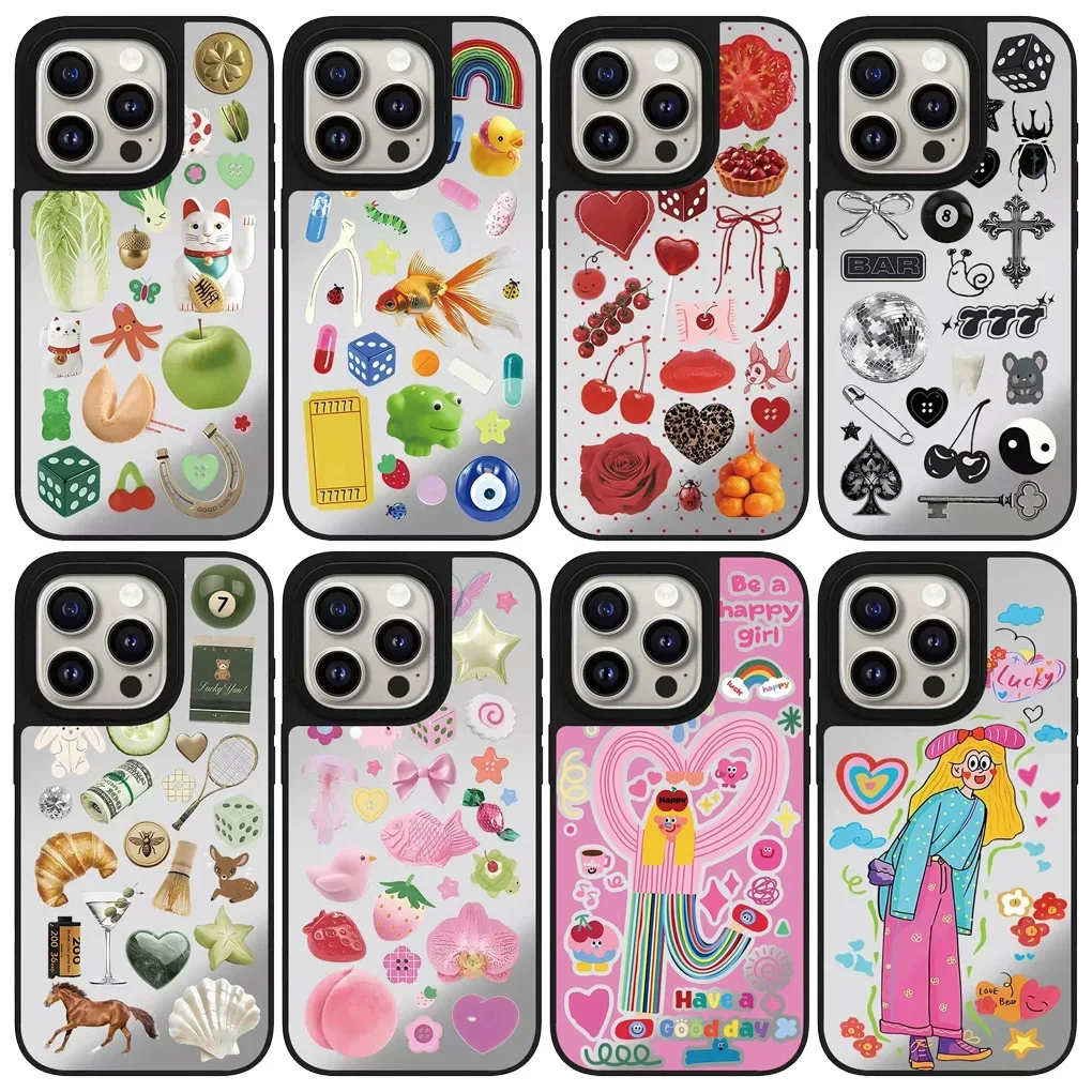 

Cartoon Stickers Mirror Magnetic Phone Case Cover for IPhone 11 12 13 14 15 16 Pro Max Case for IPhone 16 Pro Max