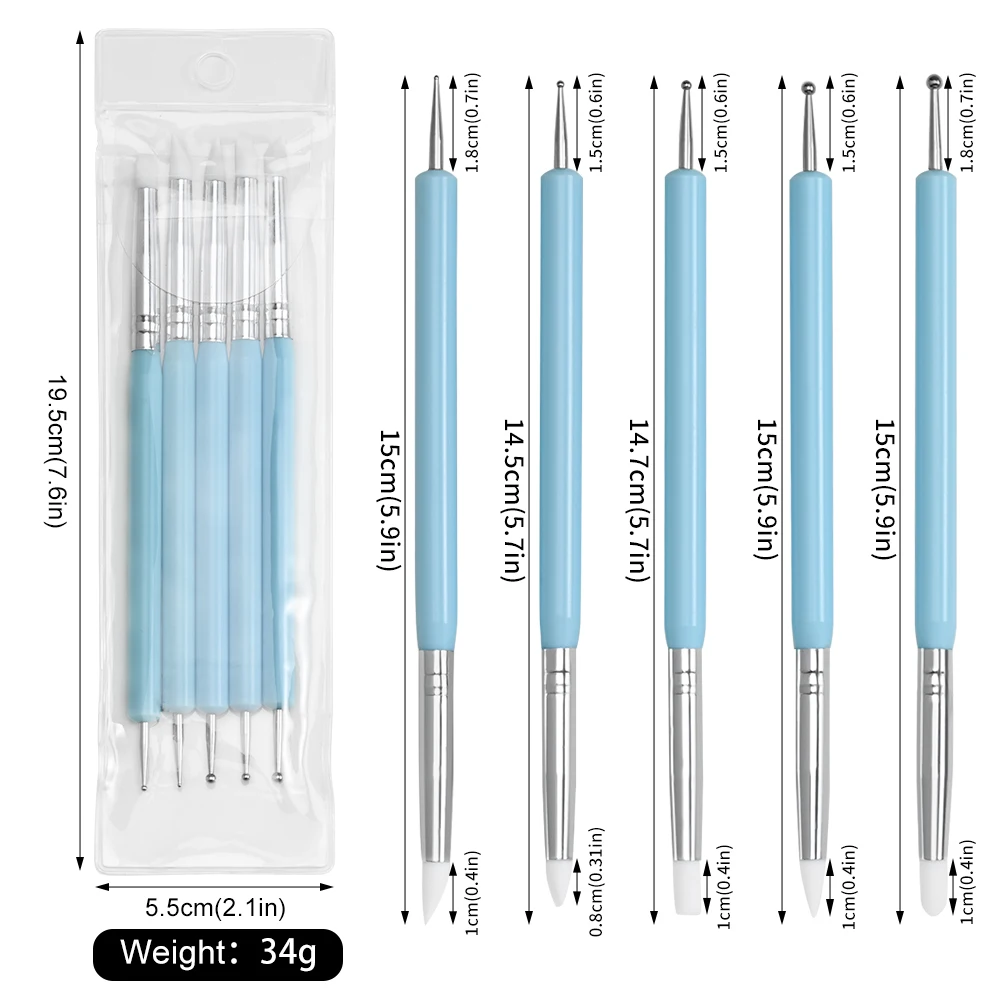 Cabeças duplas Broca Ponto de Cristal, Sílica Gel Pen, remover a pele morta, strass Gem Pen, DIY Nail Art Tools, 2 em 1, 5 pcs