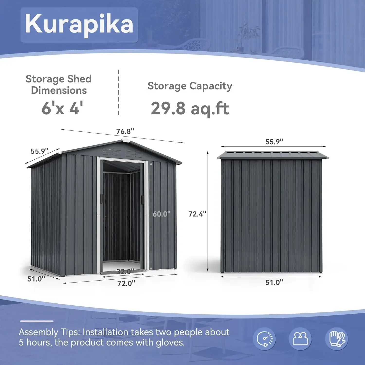 Impermeável grande jardim ferramenta Shed com aberturas de ar e porta deslizante bloqueável, ao ar livre Shed Storage House, 6x4ft