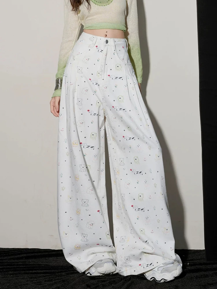 

Y2K White Printed Jeans Women Wide Leg High Waisted Loose Hanging Feeling Slimming Floor Pants Autumn New