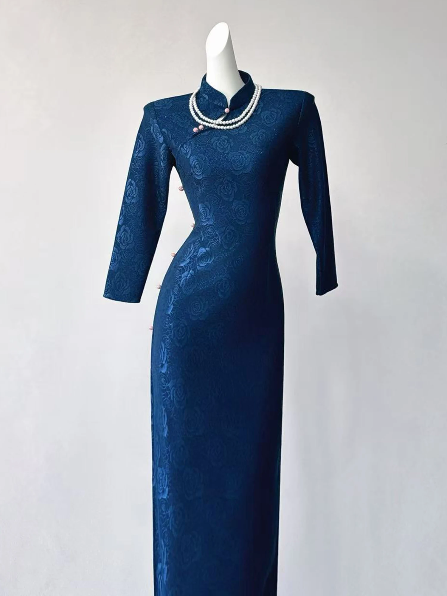 

Ele Blue Dr Long Sve New Chinese Sle Women's Faionable Daily Wear High Quali Autumn Winter Flag Robe