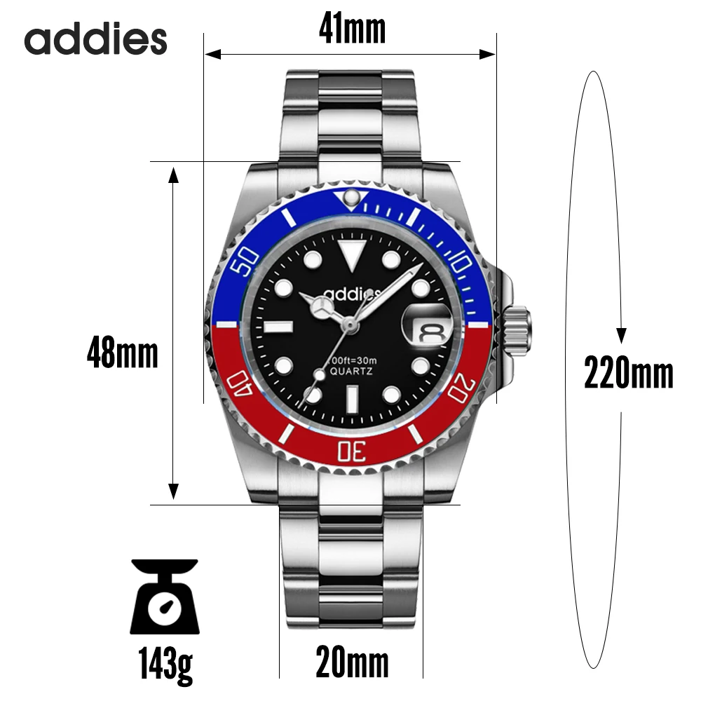 ADDIES Hot Sell Men Quatrz Watch Sport Mens Watches Top Brand Luxury 30M Waterproof Steel Band Dive Clock Men Relogio Masculino