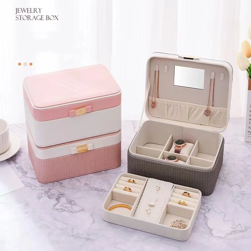 

1pcs Double Layer Storage Box Ladies Travel Leather Jewelry Box Classic Black Pure White Fashion Pink Storage Box