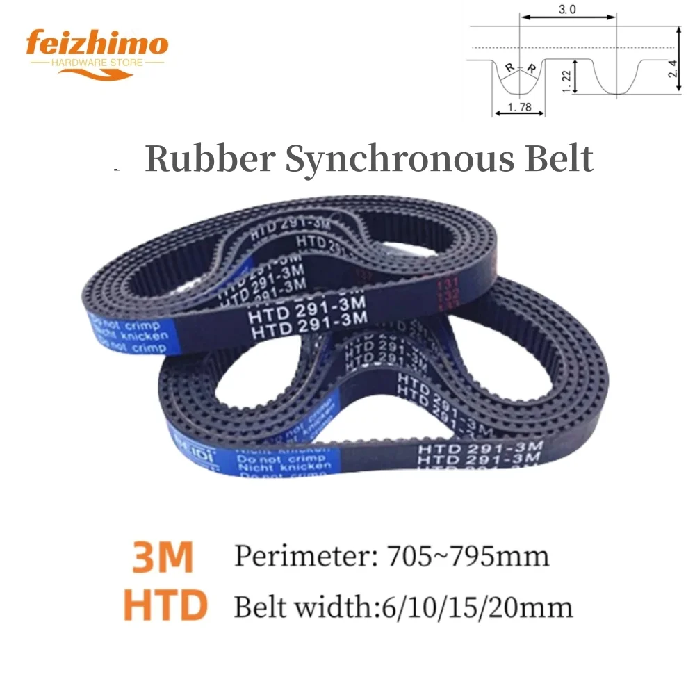 HTD3M Black Rubber Synchronous Belt 705mm-795mm Circumference 6/10/15/20mm Bandwidth 5 Tooth M-Belt for Power Transmission