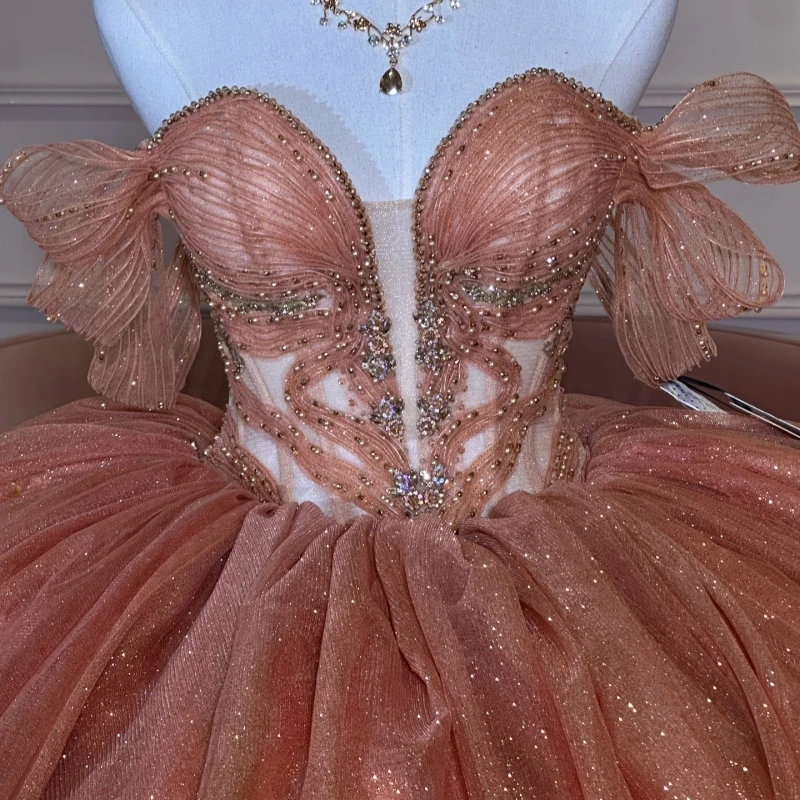 Orange Shiny Ball Gown Quinceanera Dresses Gold Applique Lace Beading Crystal Bow Tull Corset Off Shoulder Sweet 16 Dress vestid