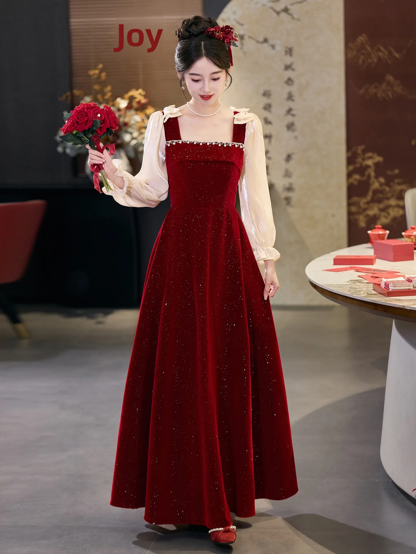 

Long Sve plus Size Wedding Dr Red Bubble Sve Zipper Sle Korean Version mid Waist Long Gown for Engagement...