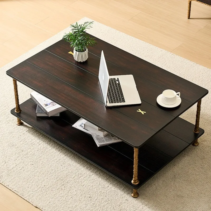 Retro style long coffee table, solid wood two-layer storage coffee table