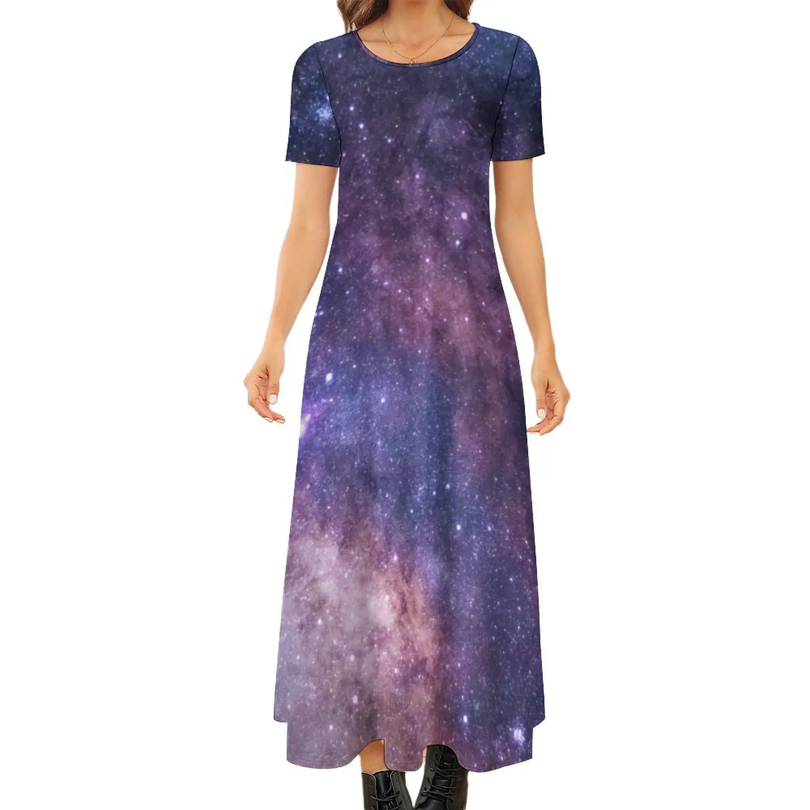 Galaxy Star Print Dress Nebula Planets Stars Elegant Maxi Dress Aesthetic Bohemia Long Dresses Ladies Short Sleeve Vestidos