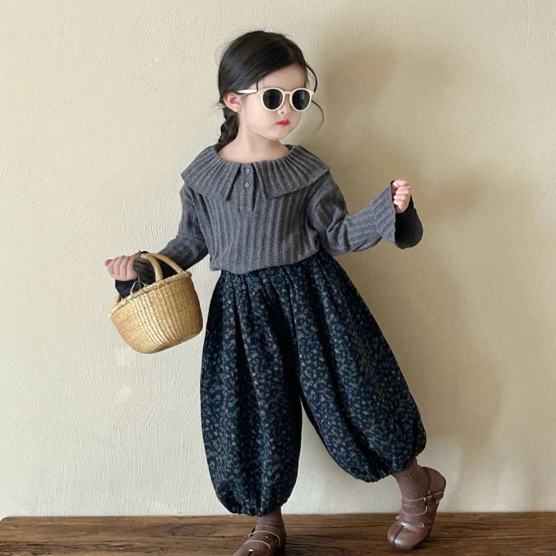 

Girl Top 2024 Autumn New Western Style Lapel Flare Sleeve Knitwear Korean Fashionable Sweet Cute