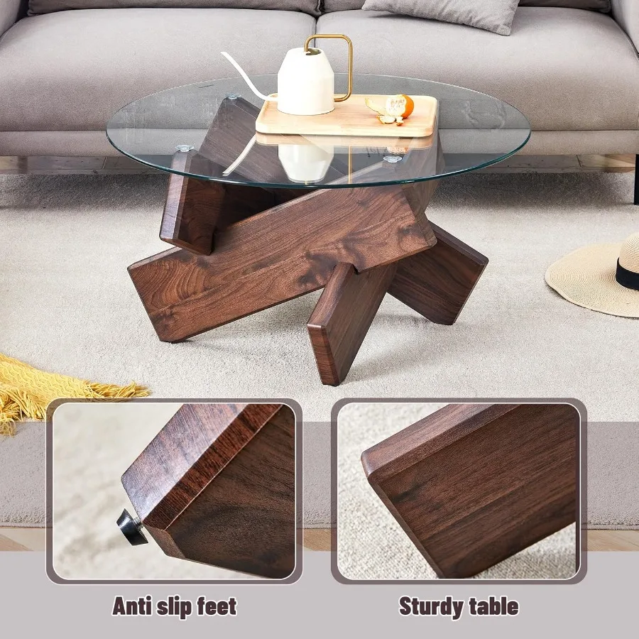 طاولات القهوة لغرفة المعيشة 33 طاولة القهوة الزجاجية الدائرية طاولة الشاي كونترتوب الزجاج المقسى مع أرجل MDF قهوة المزرعة