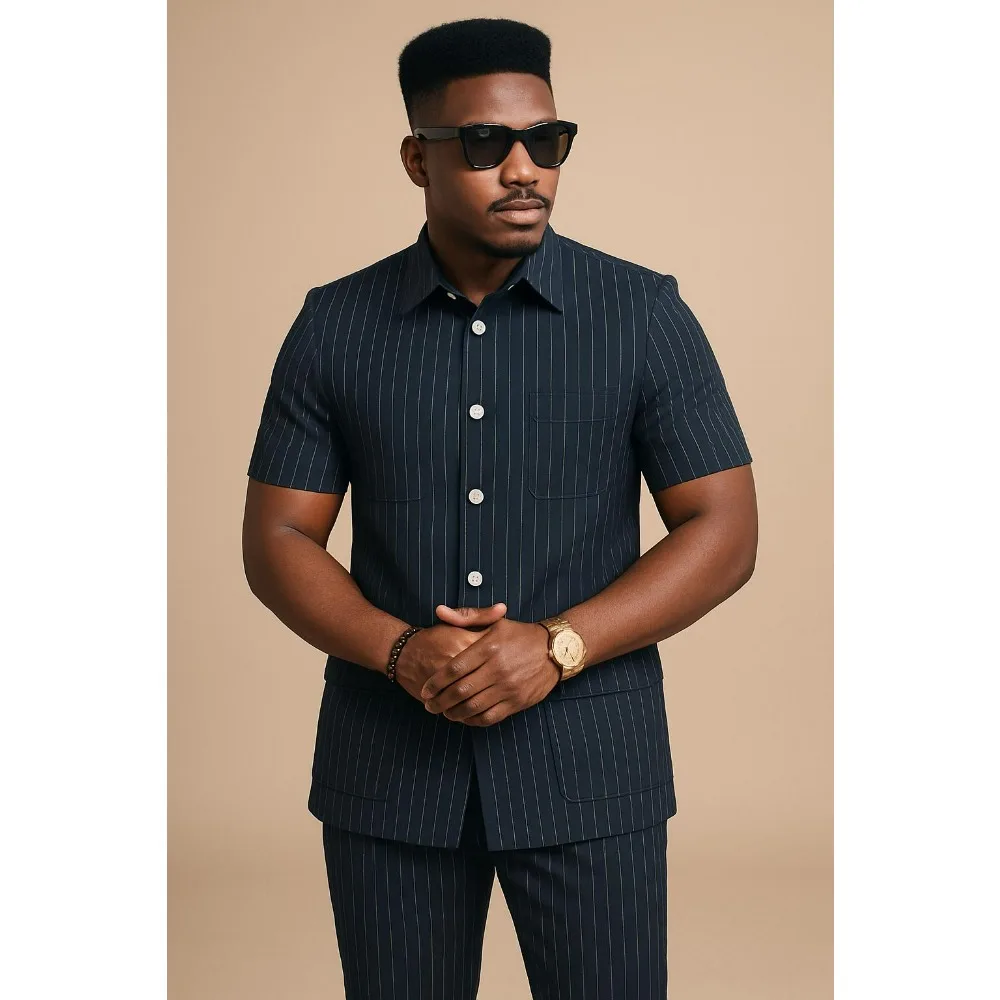 Safari Suits for Men Striped Men Suits with Short Sleeves 2 Pieces Set Summer Stripe Short Sleeve Shirt Pants Business Outfit view 3