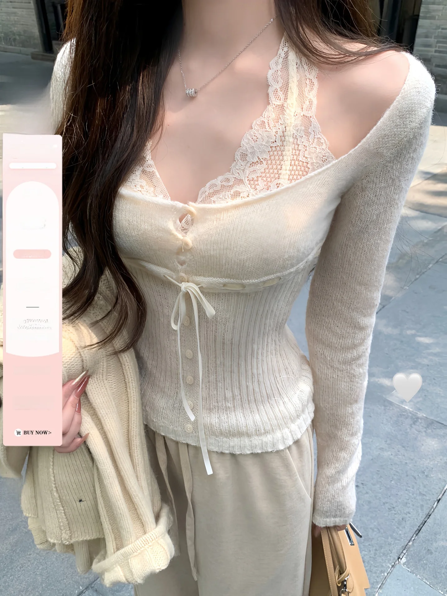 

White Water Women Pure Seductive Long Sve U-Ne Knitted Top Strap Early Autumn Aosphere Sense Women's Faion Korean Sle