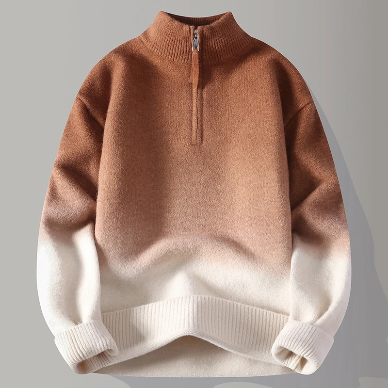 men's autumn winter long sleeves knit sweater mock neck zipper gradient pullover leisure fashion trend youth men's clothing tops