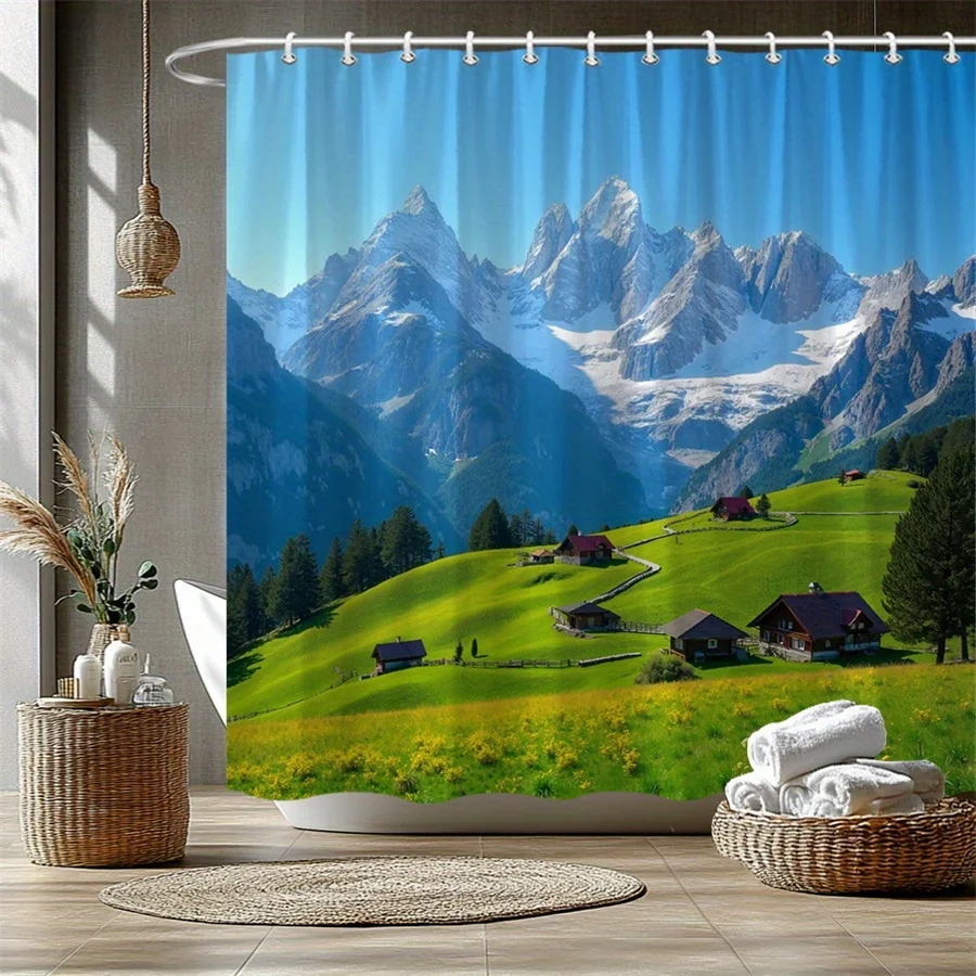 Alpine Mountain Landscape Shower Curtain, Green Meadow Village Print Waterproof Bathroom Decor, Scenic Nature Home Bath Screen