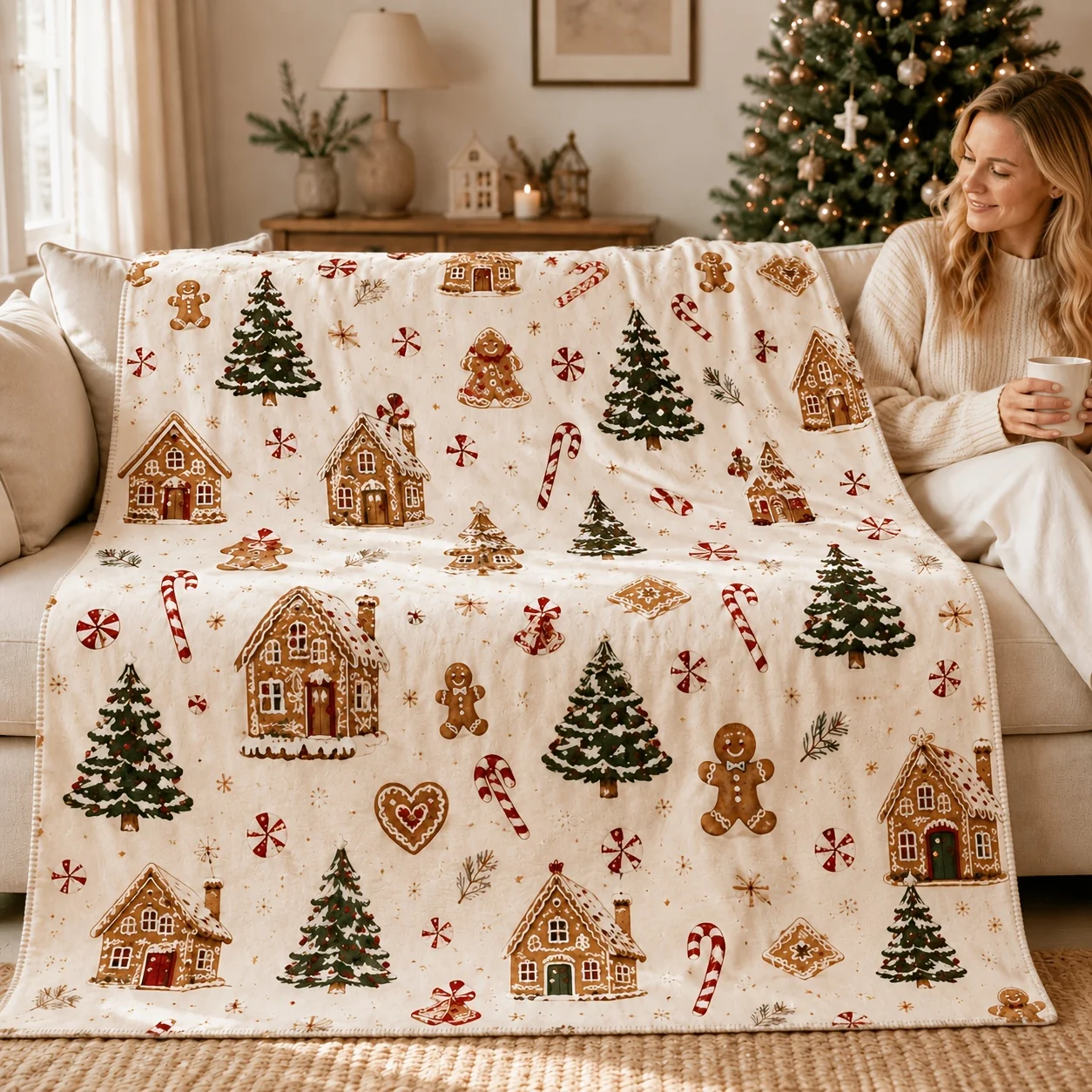 Gingerbread Blanket Christmas Cookie House Tree Print Sweet Holiday Decor Throw