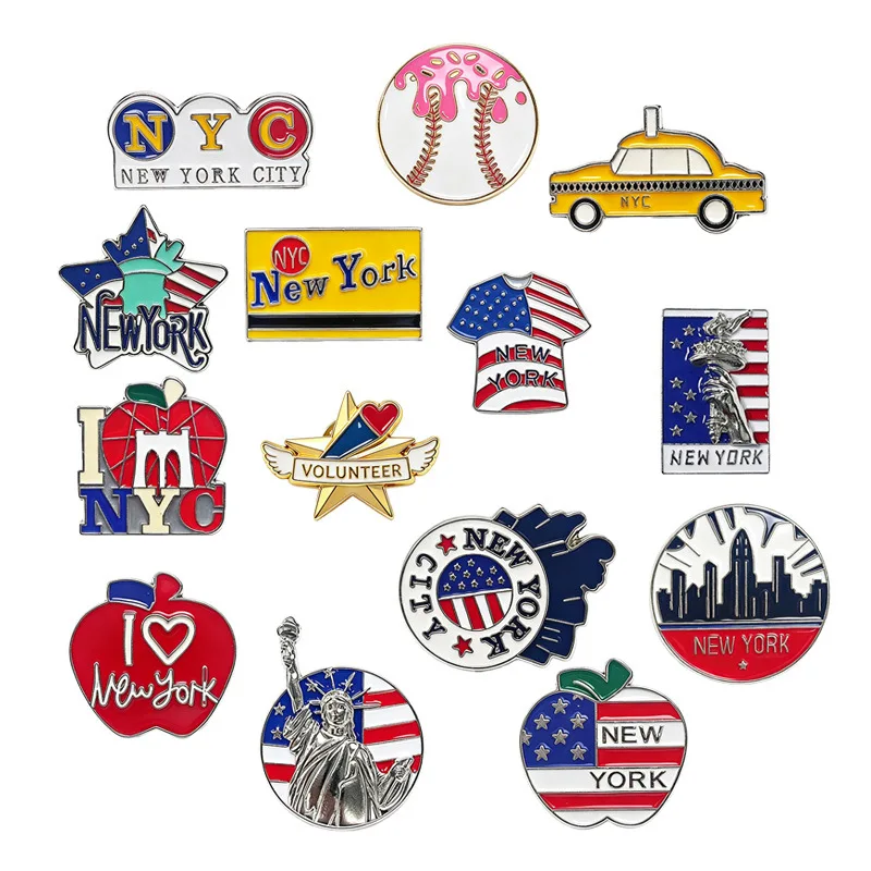 New York Themed Enamel Brooch Statue of Liberty Taxi Multiple Apple Badges Drip Oil Jewelry Accessory Pin Patriotism Decoration