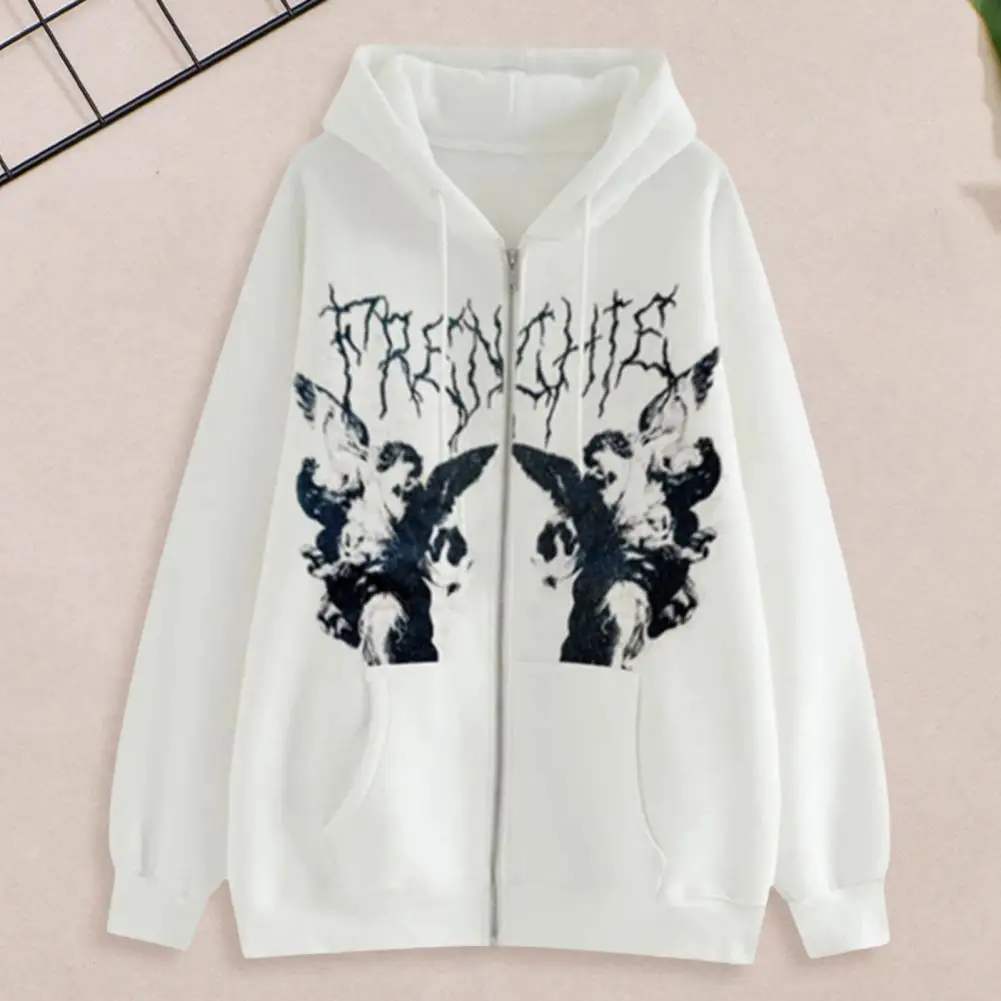 

Women Coat Stylish Hooded Zip-up Cardigan with Retro Print Elastic Cuff Hip Hop Vibes for Fall Winter Printed Women Jacket