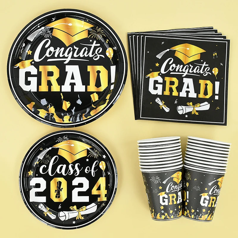 

Black Gold Graduation Disposable Tableware Paper Cups Plates Tablecloth Napkin Congrats Grad Theme Party Decor Graduation Supply