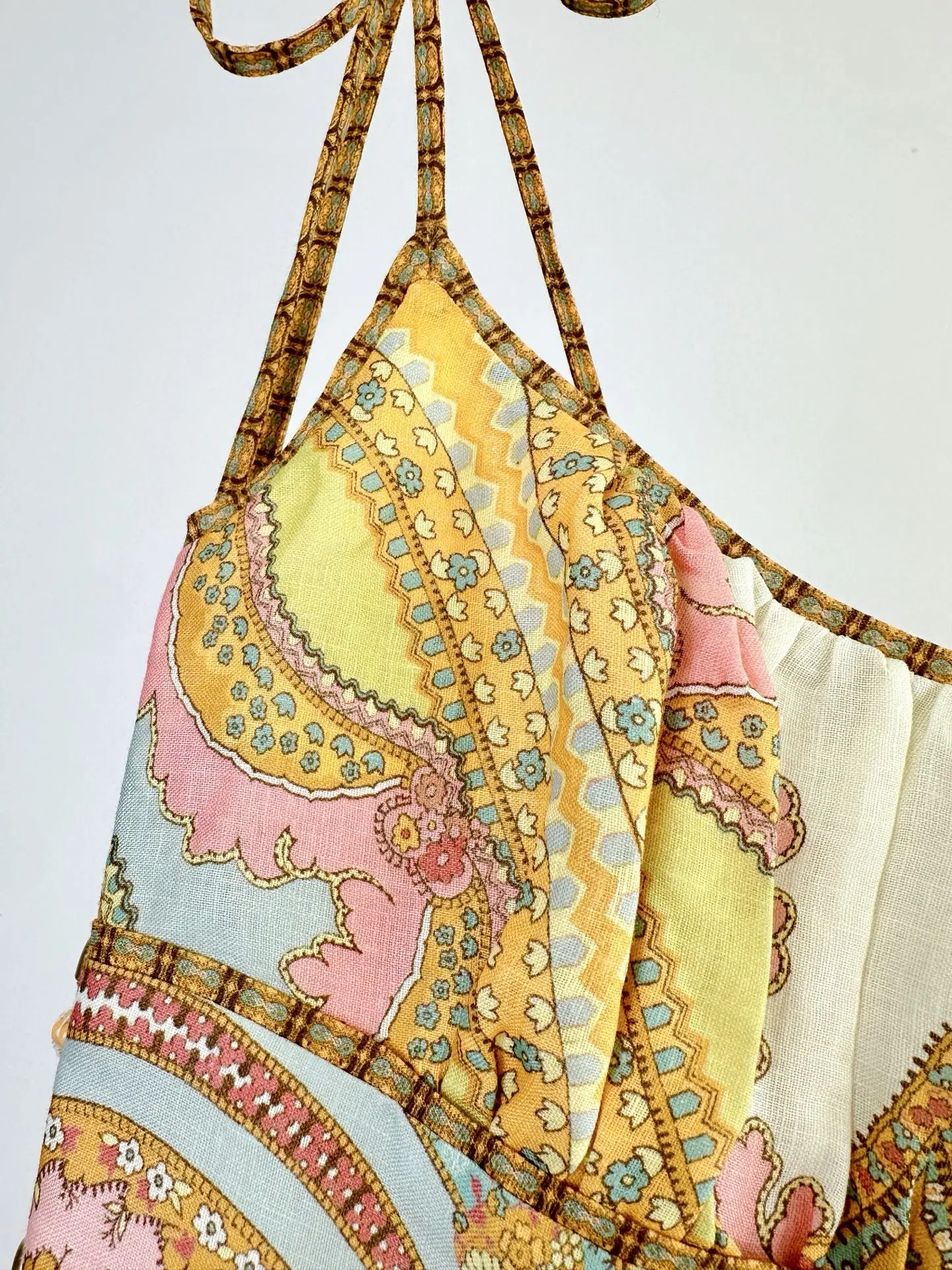 فستان متوسط الطول من الكتان مطبوع للنساء ، حزام سباغيتي ، جودة عالية ، مصمم مدرج ، صيفي