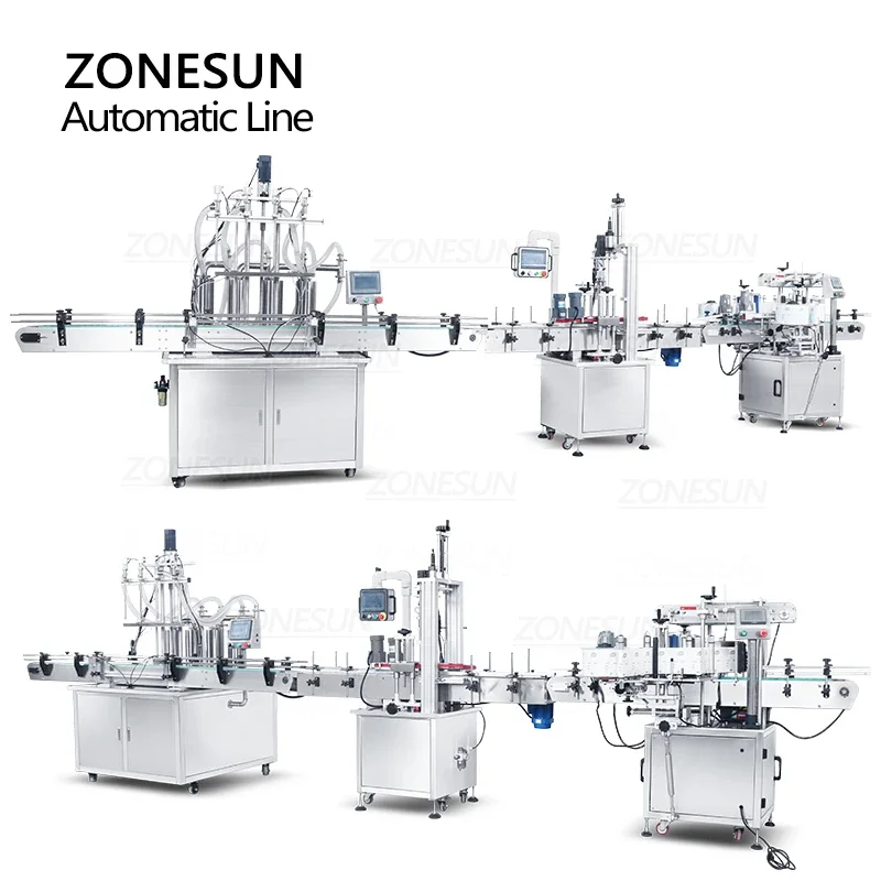 ZONESUN ZS-FAL180X8 Ligne de production automatique 4 têtes Pompe à piston Remplissage liquide Capsulage Carré Bouteille Étiqueteuse