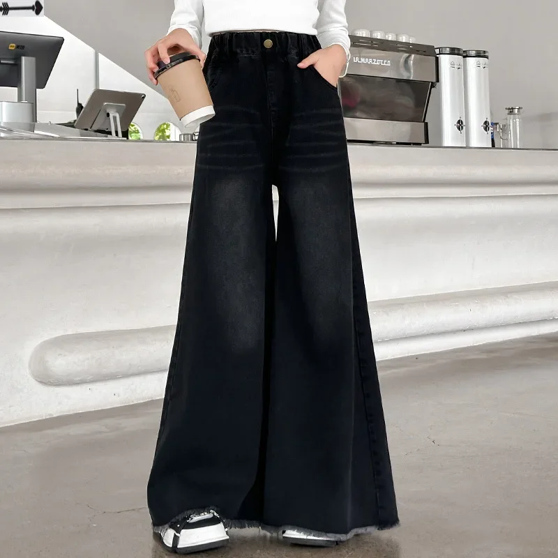 Pantaloni per ragazze Jeans moda primavera e autunno pantaloni larghi autunnali pantaloni Casual a gamba larga per bambini grandi semplici Casual