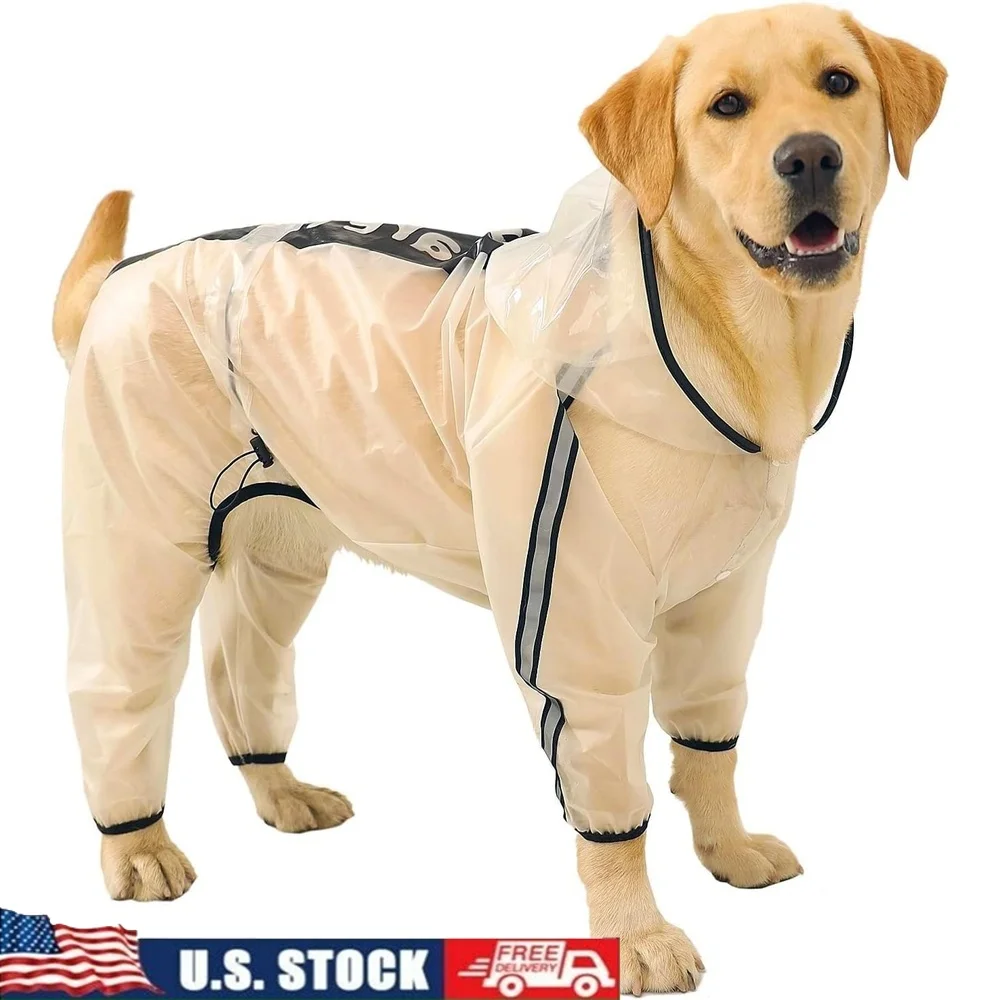 

Dog Raincoat Hooded Poncho Waterproof Jacket 4 Legs Transparent Reflective Stripe Pet Rain Gear Outdoor Protection Medium