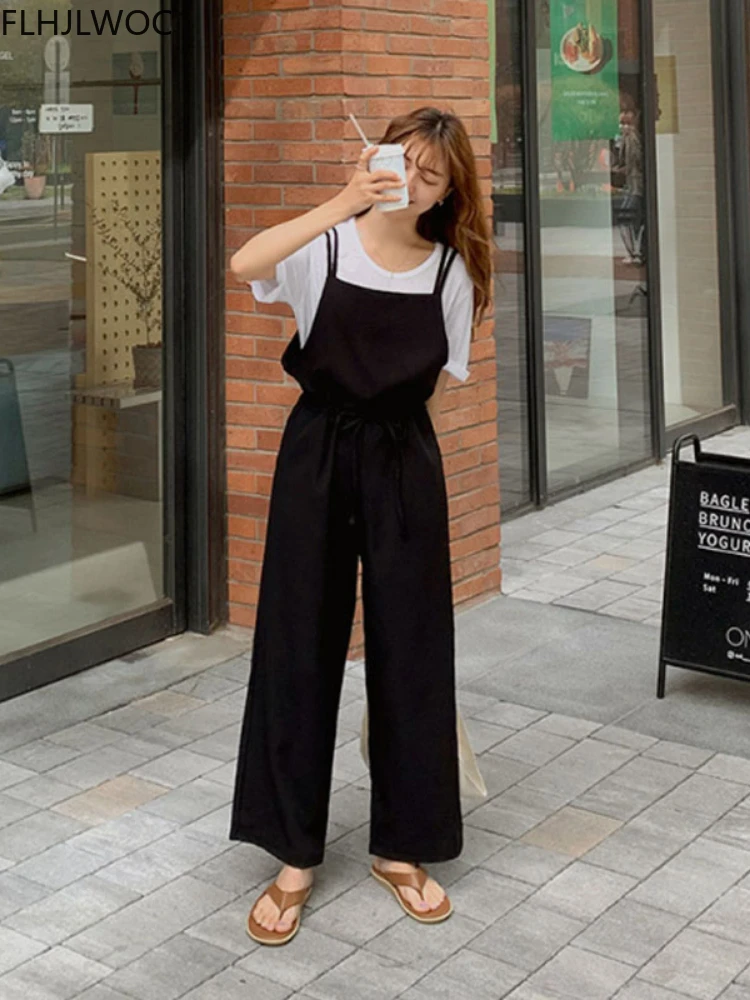 Cotton Linen Pants 2024 Summer New Korea Japan Cute Sweet Girls Solid Black Casual Jumpsuit