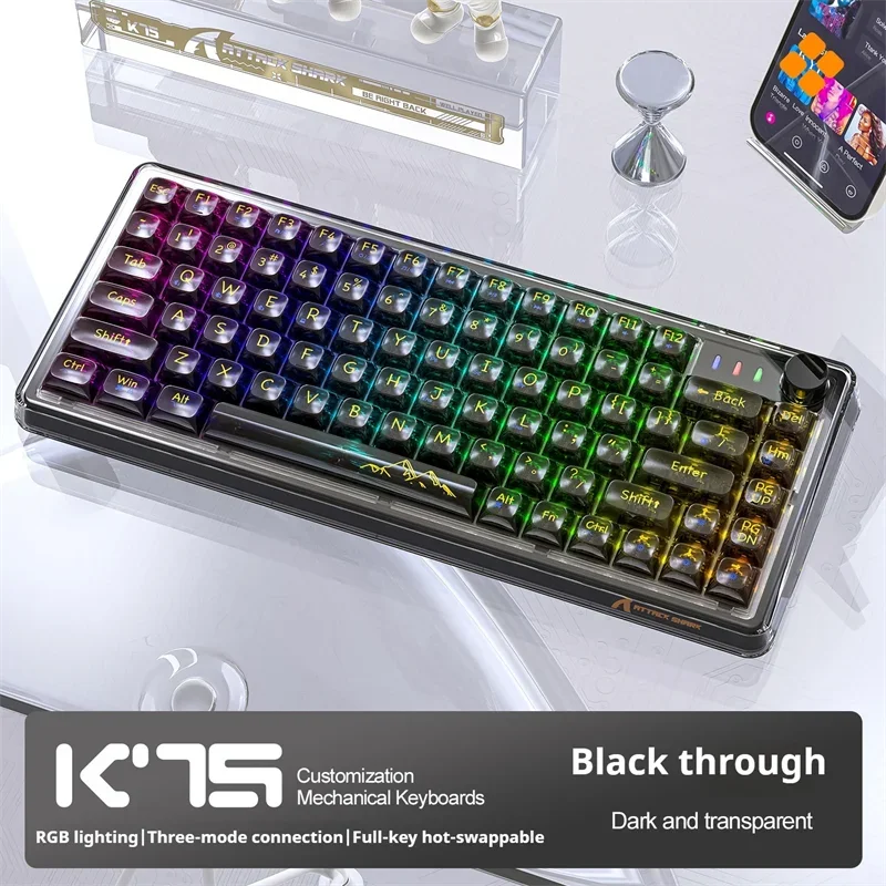 

Attack Shark K75,82-key Wireless Rgb Mechanical Keyboard With Transparent Keycaps,wired/bluetooth/2.4g,hot Swappable Switch