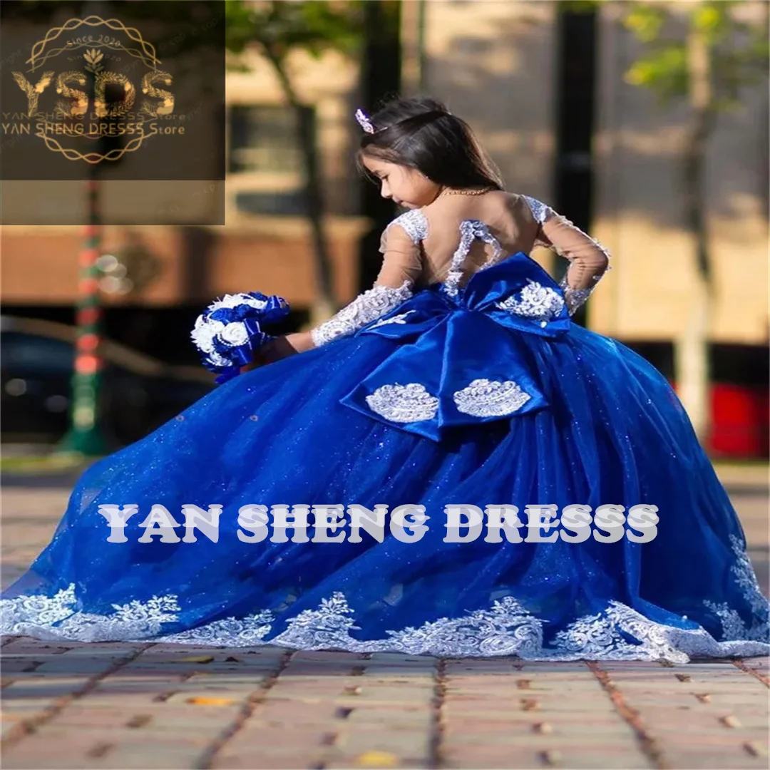 Royal Blue White Lace Appliqué Flower Girl Dresses Scoop Neck Full Sleeves Princess Pageant Dress Kids Long Party Communio Gown