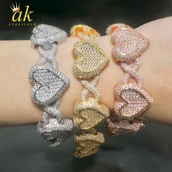 Aokaishen Iced Out Heart Infinity Cuban Link Bracelet for Women Cubic Zirconia Real Gold Plated Hip Hop Jewelry