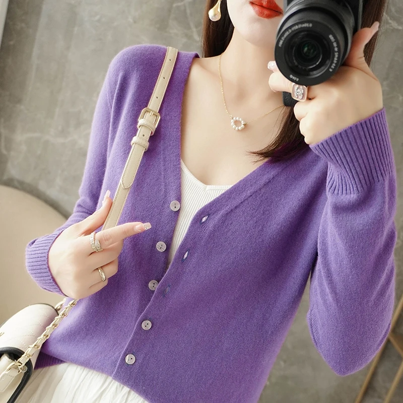 Women\'s cardigan 2024 single shoulder knitted long sleeved warm knitted cardigan Korean version fashionable spring casual sweate