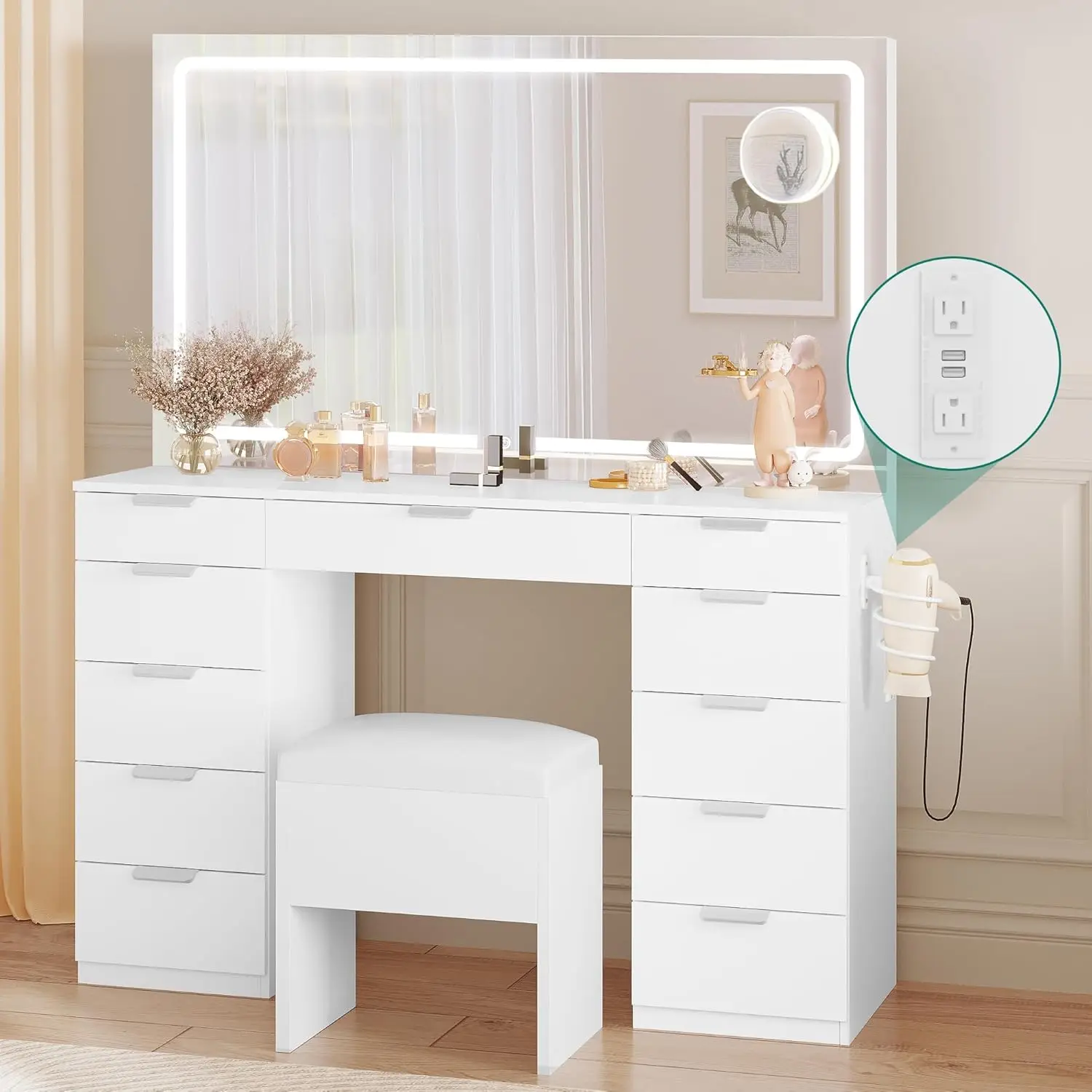 Vanity Desk Set with Large LED Lighted Mirror &Power Outlet Makeup Vanity Table with 11 Drawers and Magnifying Glass 46'' Vanity