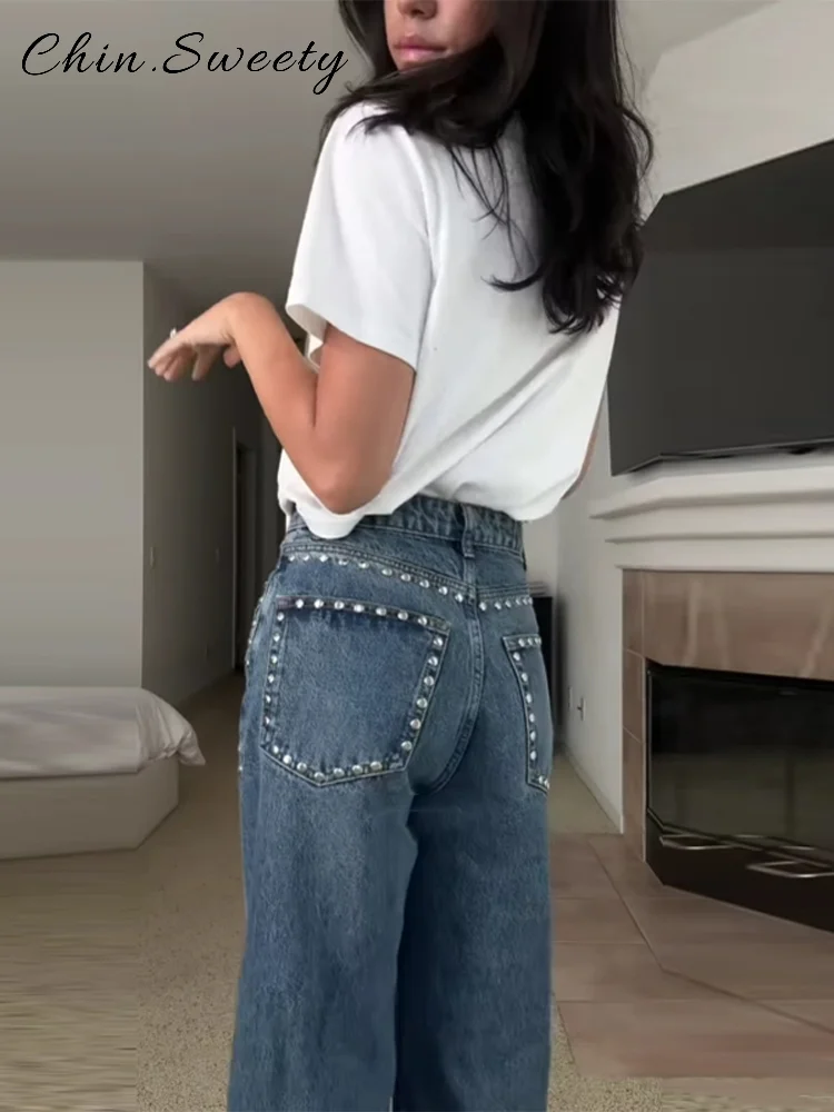 Mode Perlen Bodenlangen Gerade Denim Hosen Frauen Lose Zipper Taschen Hohe Taille Jeans 2025, Herbst Winter Dame Streetwear
