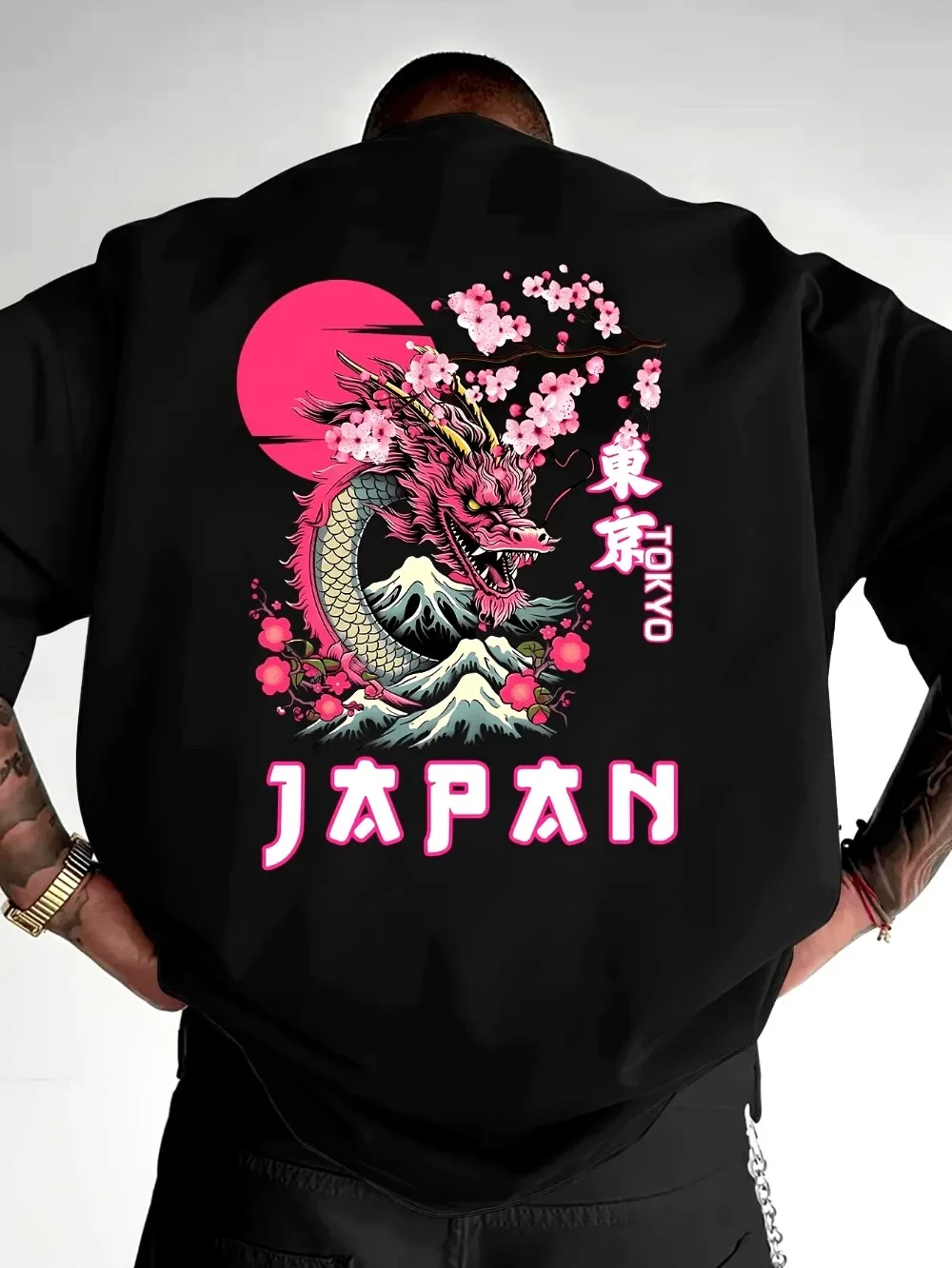 Tokyo Cherry Blossom Dragon Design 3D Print Breathable Men's Loose Large-Sized TShirt Outdoor Leisure Street Trend Hip Hop Style