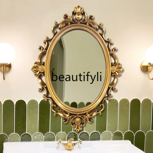 

B6 European retro oval bathroom hollow decoration makeup bathroom wall hanging bathroom mirror