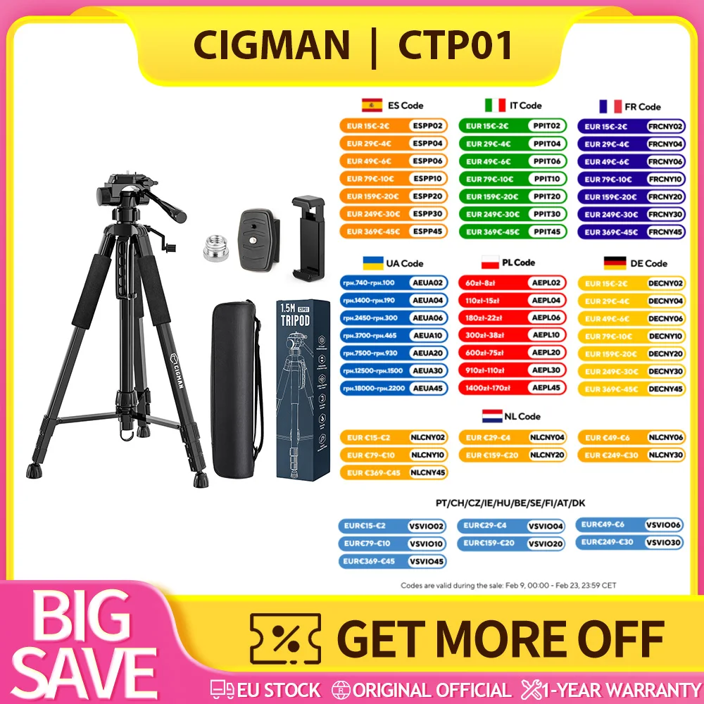 Treppiede per livella laser CIGMAN CTP01 da 1,5 m/59 pollici, con testa girevole a 3 vie e supporto per telefono, piastra a sgancio rapido con montaggio a vite da 1/4'' e dado adattatore UNF da 5/8'',