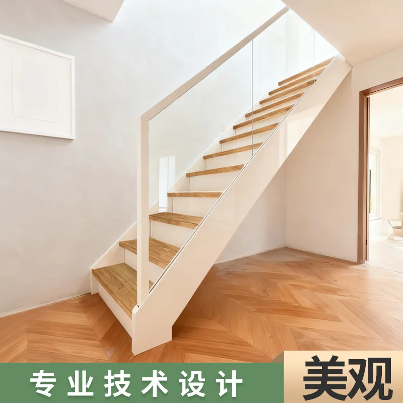Double Beam Steel Wood Stairs Glass Double Beam Loft Duplex Apartment Straight Ladder Revolving Home Indoor Stairs