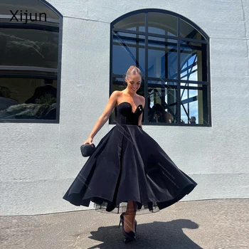 Xijun Vintage Velvet a-line abiti da ballo nero senza maniche lunghezza del tè abiti da sera corsetto celebrità abiti da ballo formali Vestido