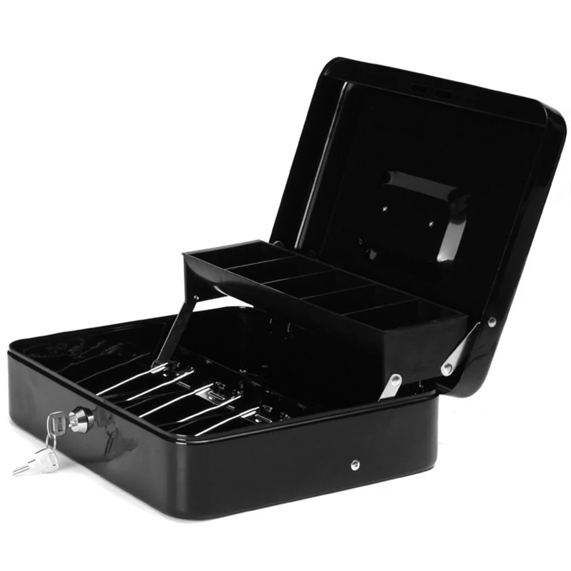 Black Metal Iron Cash Money Box Drawer With Key Lock Security Lock Layered Tray Storage For Safe Home Office Container Tool