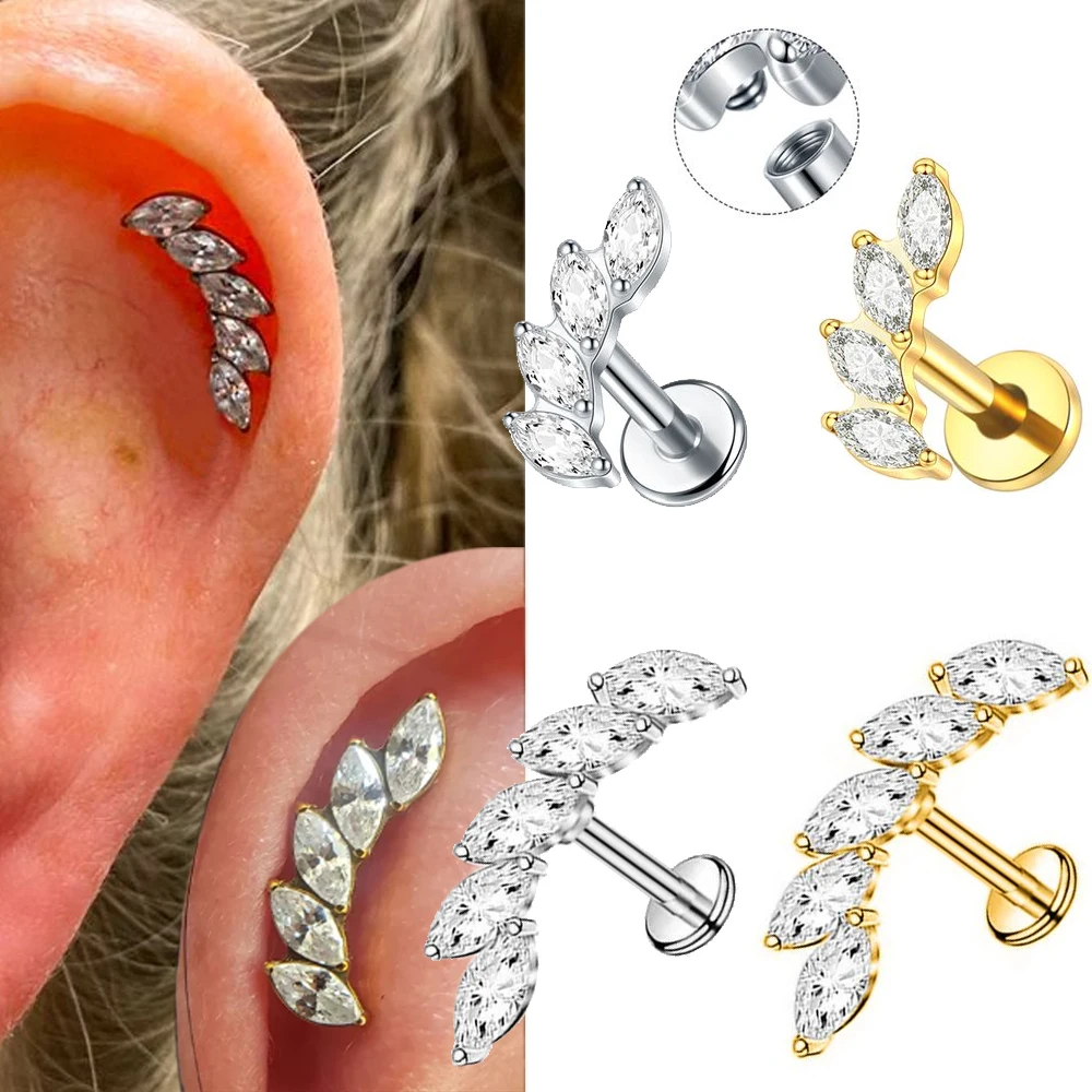 1//4pcs Four/Five Marquise CZ Arc Lip Piercing Stud Surgical Steel Internal Thread Ear Cartilge Tragus Helix  Labret Ear Stud