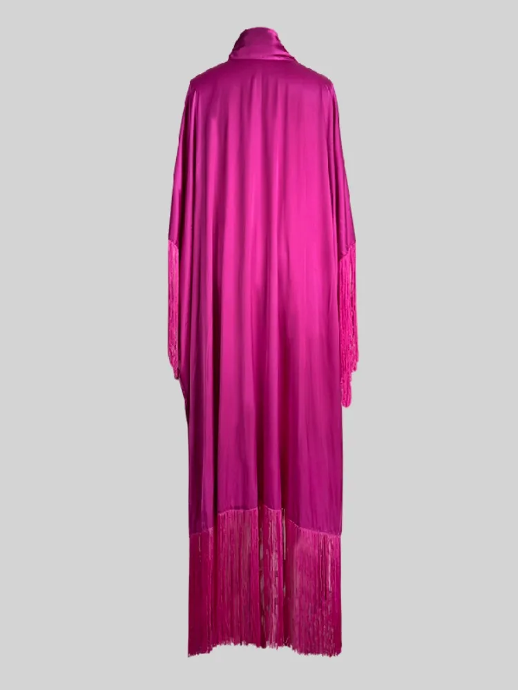 2025 Herfst Nieuwe vrouwen Fringe Jurk Fuchsia Coltrui Batwing Mouwen Losse Maxi Jurk Elegante Avond Party Gown voor Vrouwen